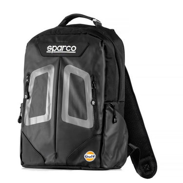 Front view of the Sparco Gulf Stage Rucksack, showcasing reflective graphic panels, Sparco logo, and Gulf branding on a sleek black design.